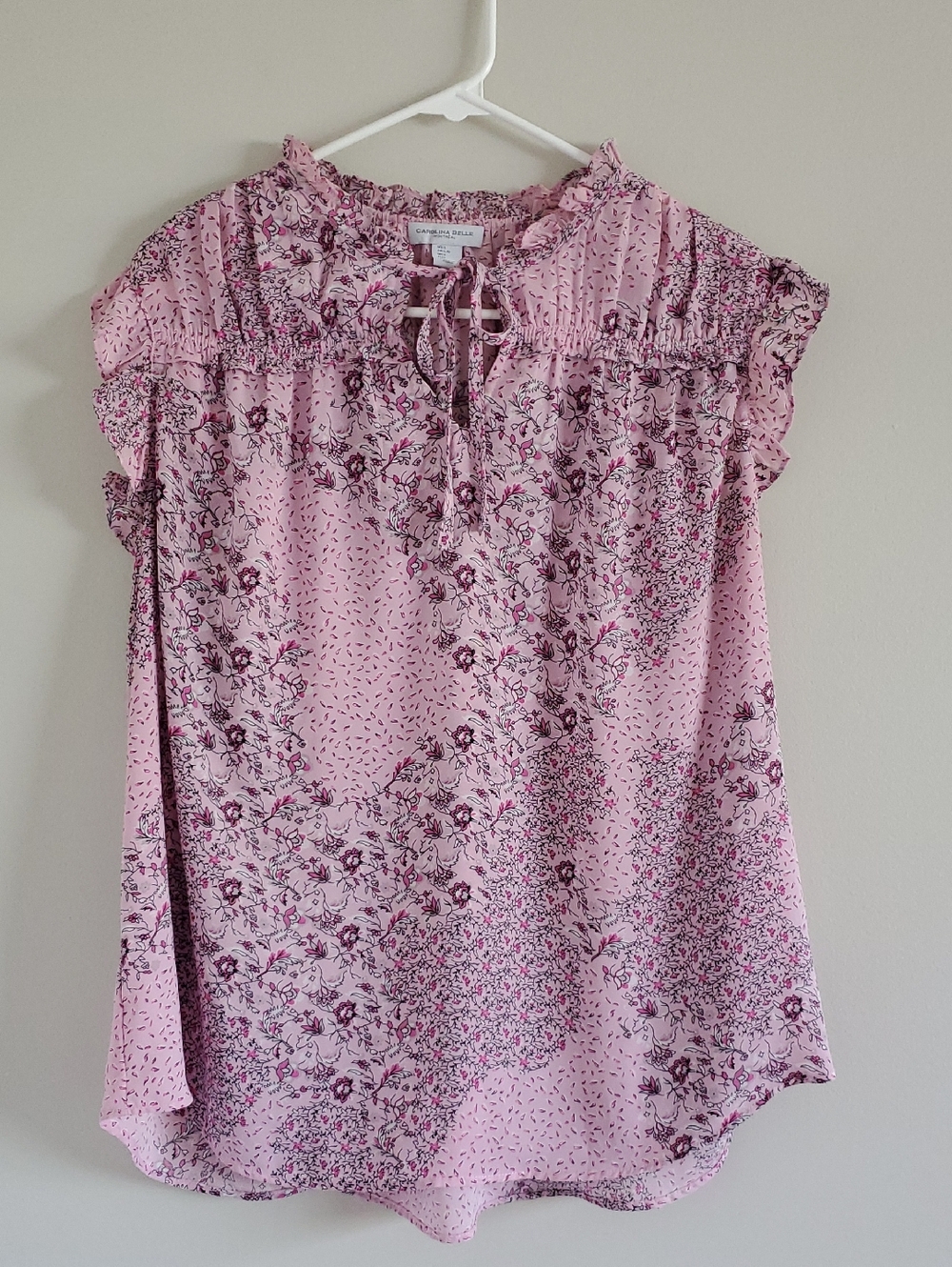 Carolina Belle Pink Floral Tie-Neck Ruffle Sleeve Tunic Top Sz L Coquette Career